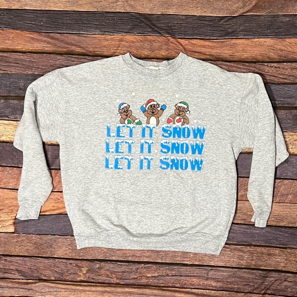 Vintage Let it Snow Xmas Ugly Sweater Party Gray 1980s Womens Sweatshirt